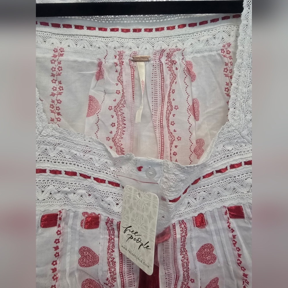 Free People White Blouse with Pink Heart Accents - Picture 2 of 9